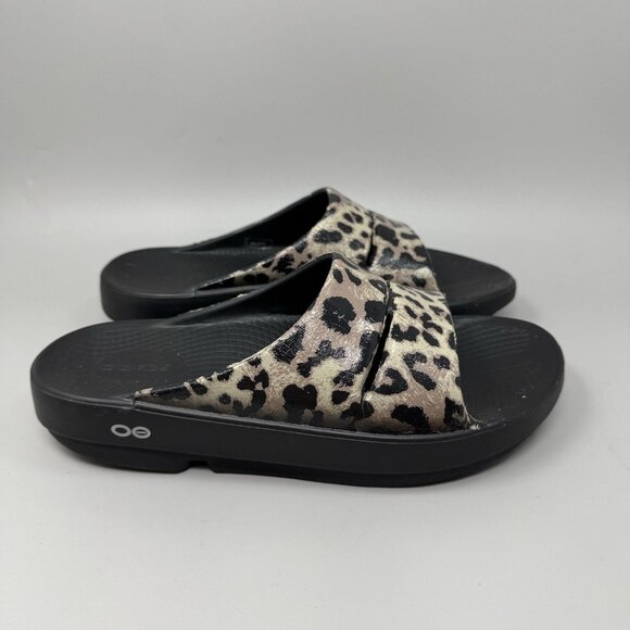 OOFOS OOahh Womens Size 10 Recovery Black Leopard Luxe Limited Slide Sandals - Picture 1 of 7